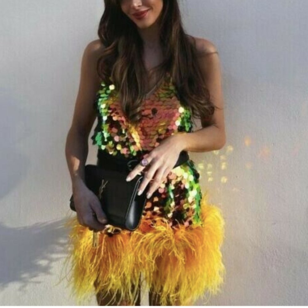 Zara Blogger Fav Yellow Sequin Feather Mini Dress XS